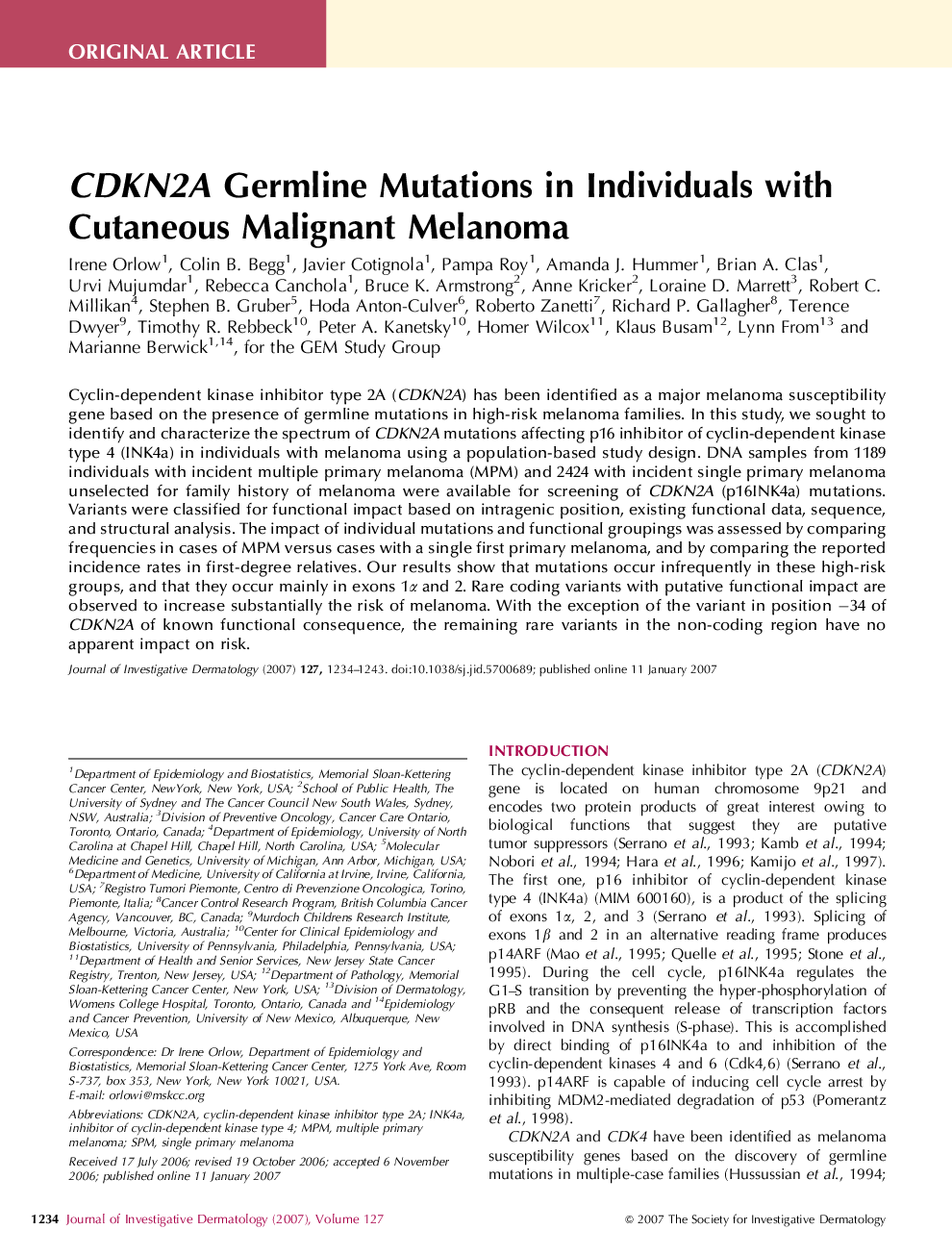 CDKN2A Germline Mutations in Individuals with Cutaneous Malignant Melanoma