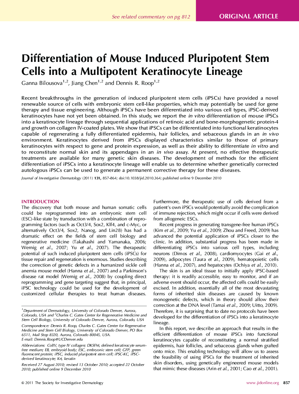 Differentiation of Mouse Induced Pluripotent Stem Cells into a Multipotent Keratinocyte Lineage 