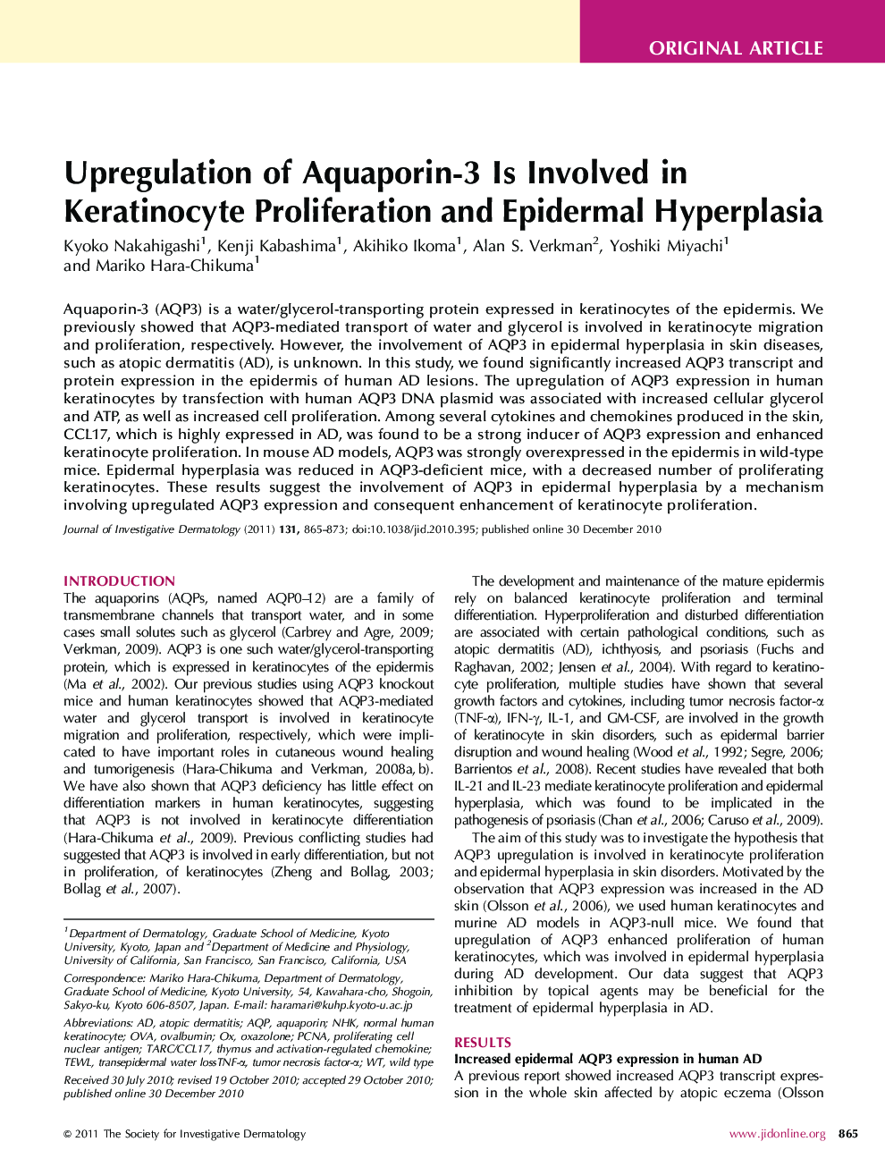 Upregulation of Aquaporin-3 Is Involved in Keratinocyte Proliferation and Epidermal Hyperplasia 