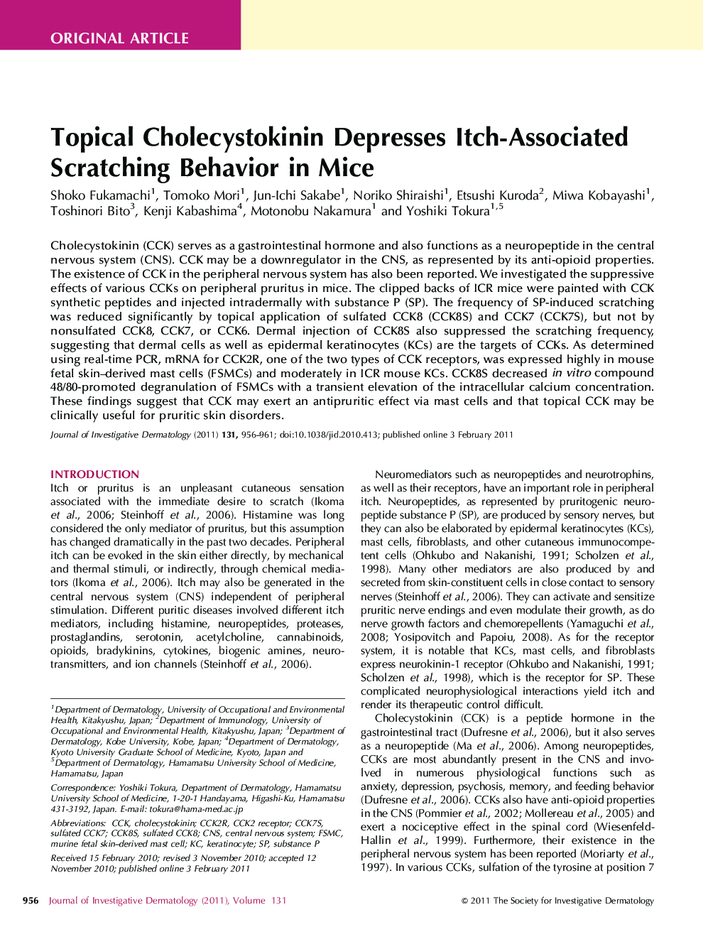 Topical Cholecystokinin Depresses Itch-Associated Scratching Behavior in Mice 