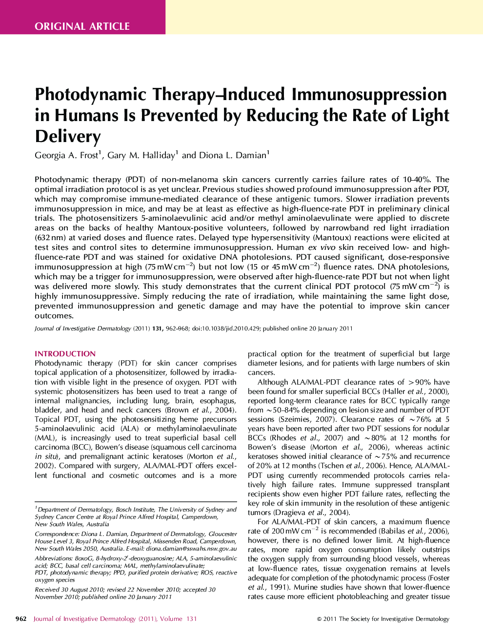 Photodynamic Therapy–Induced Immunosuppression in Humans Is Prevented by Reducing the Rate of Light Delivery 