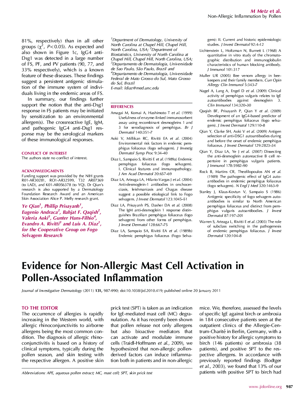 Evidence for Non-Allergic Mast Cell Activation in Pollen-Associated Inflammation
