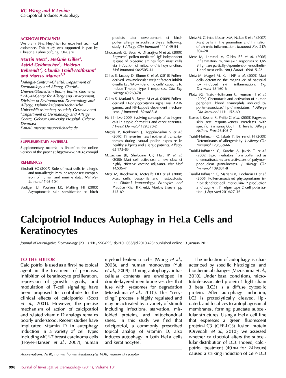 Calcipotriol Induces Autophagy in HeLa Cells and Keratinocytes