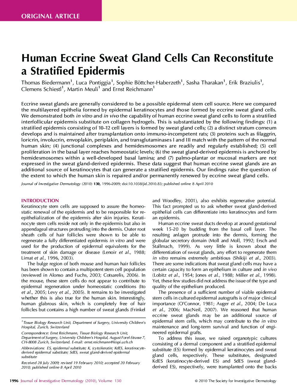 Human Eccrine Sweat Gland Cells Can Reconstitute a Stratified Epidermis 