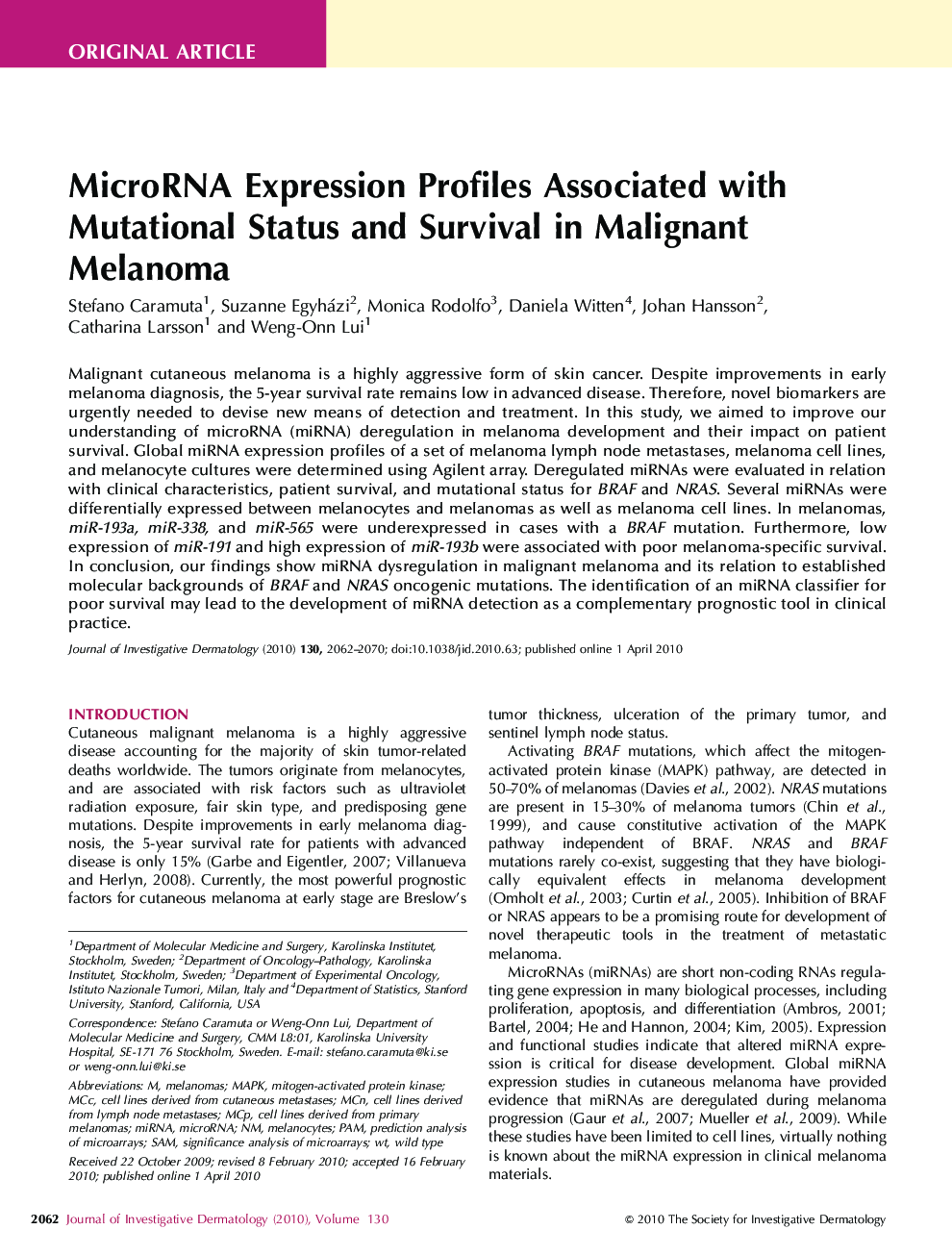 MicroRNA Expression Profiles Associated with Mutational Status and Survival in Malignant Melanoma 