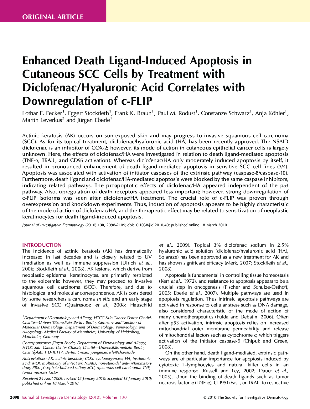 Enhanced Death Ligand-Induced Apoptosis in Cutaneous SCC Cells by Treatment with Diclofenac/Hyaluronic Acid Correlates with Downregulation of c-FLIP 