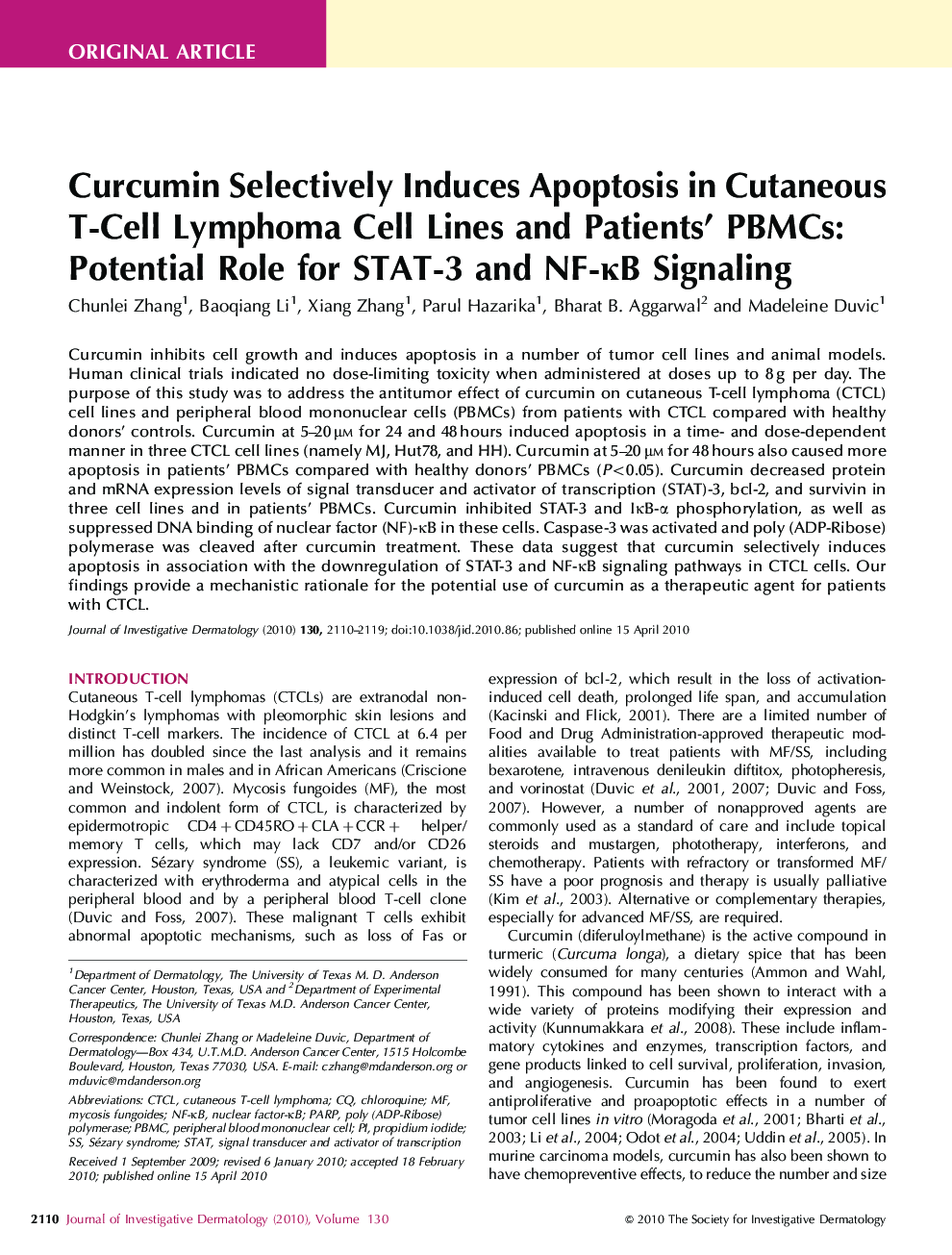 Curcumin Selectively Induces Apoptosis in Cutaneous T-Cell Lymphoma Cell Lines and Patients’ PBMCs: Potential Role for STAT-3 and NF-κB Signaling 