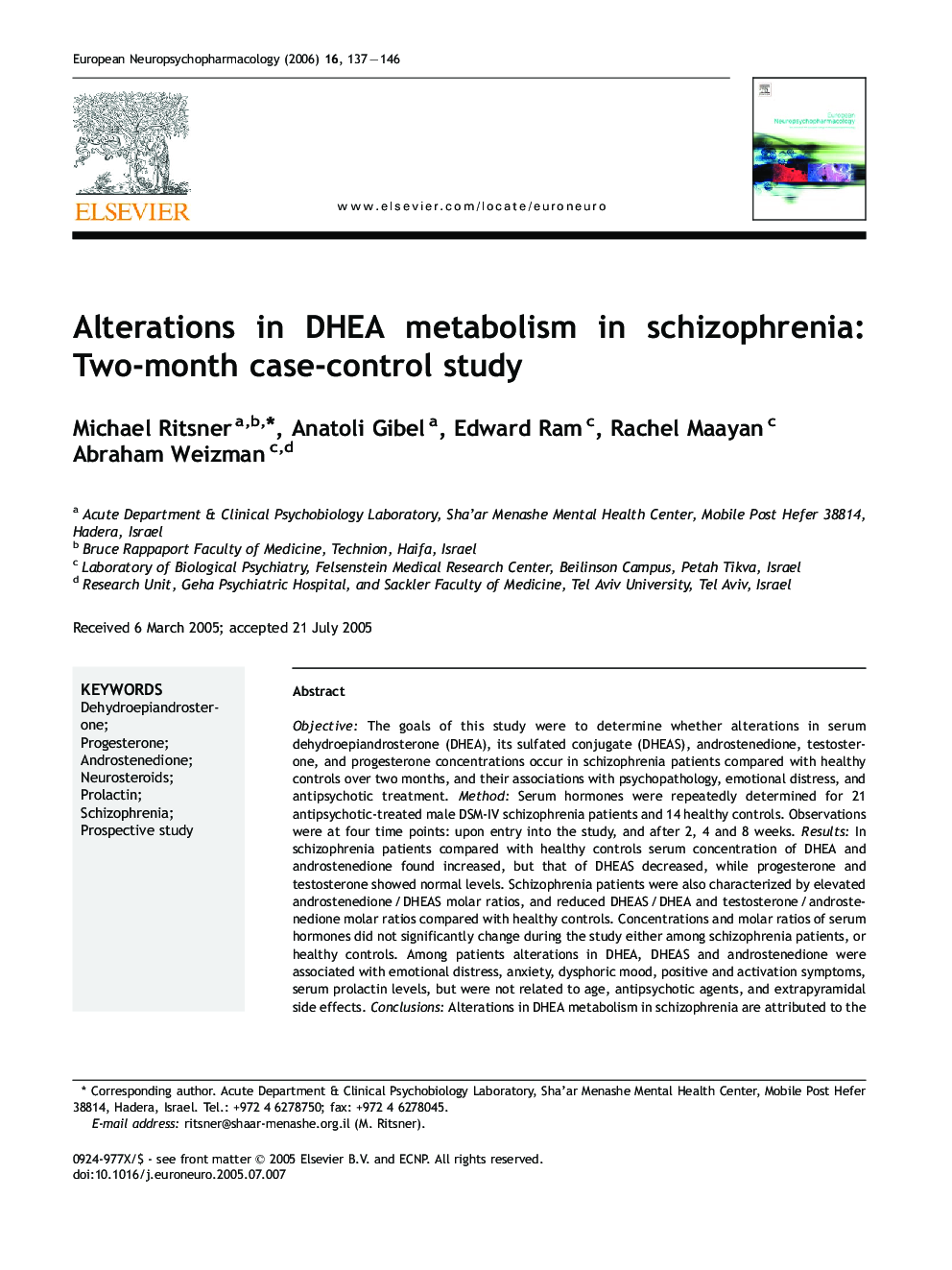 Alterations in DHEA metabolism in schizophrenia: Two-month case-control study