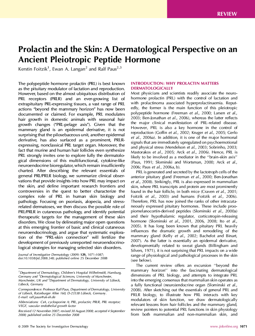 Prolactin and the Skin: A Dermatological Perspective on an Ancient Pleiotropic Peptide Hormone