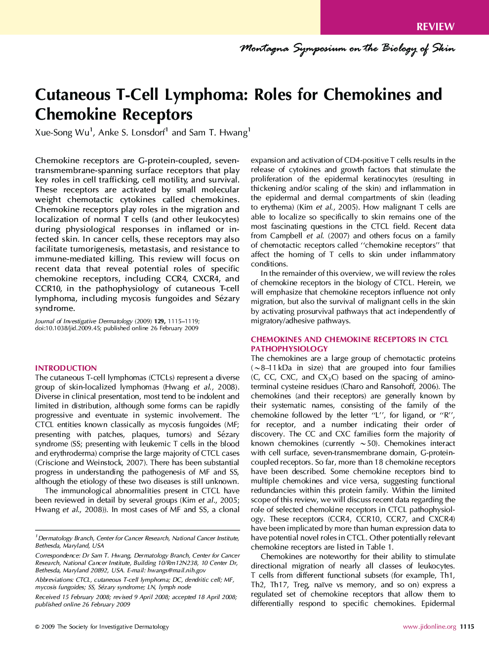 Cutaneous T-Cell Lymphoma: Roles for Chemokines and Chemokine Receptors