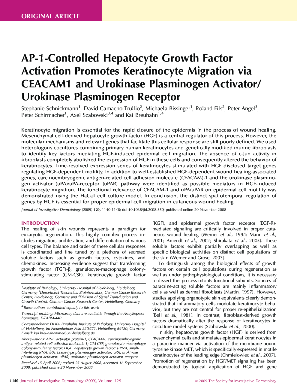 AP-1-Controlled Hepatocyte Growth Factor Activation Promotes Keratinocyte Migration via CEACAM1 and Urokinase Plasminogen Activator/Urokinase Plasminogen Receptor 