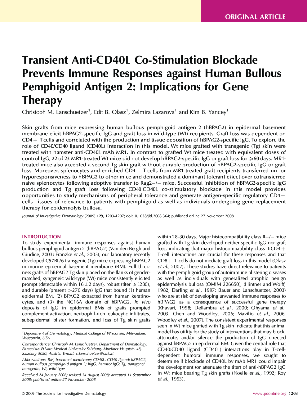 Transient Anti-CD40L Co-Stimulation Blockade Prevents Immune Responses against Human Bullous Pemphigoid Antigen 2: Implications for Gene Therapy
