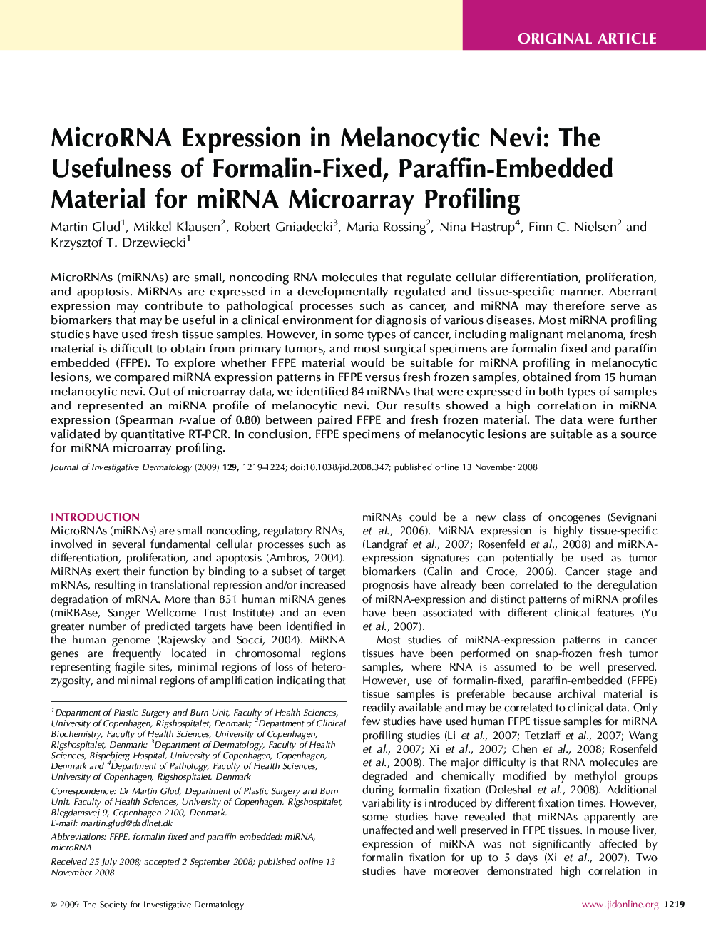 MicroRNA Expression in Melanocytic Nevi: The Usefulness of Formalin-Fixed, Paraffin-Embedded Material for miRNA Microarray Profiling