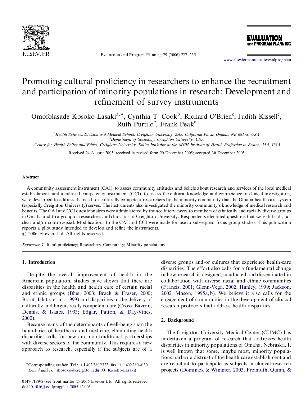 Promoting cultural proficiency in researchers to enhance the recruitment and participation of minority populations in research: Development and refinement of survey instruments