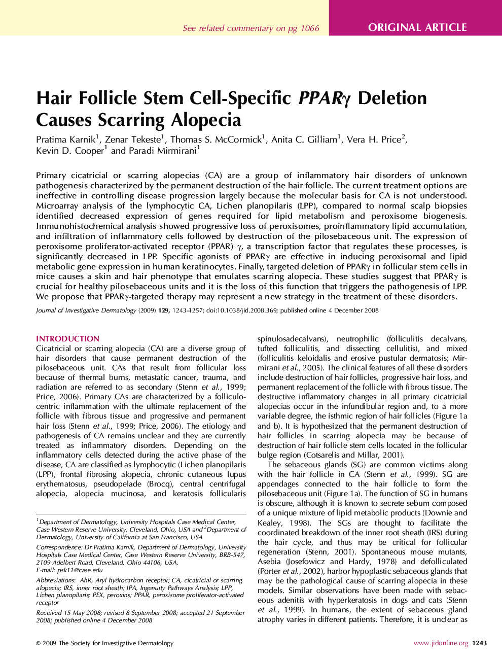 Hair Follicle Stem Cell-Specific PPARγ Deletion Causes Scarring Alopecia