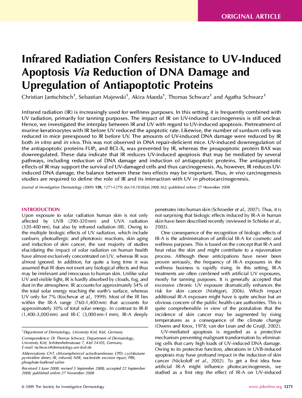 Infrared Radiation Confers Resistance to UV-Induced Apoptosis Via Reduction of DNA Damage and Upregulation of Antiapoptotic Proteins