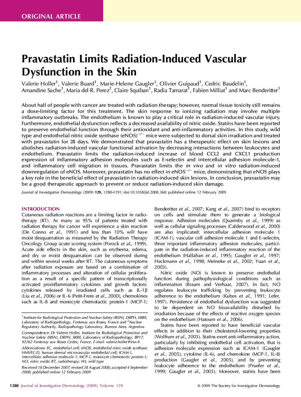 Pravastatin Limits Radiation-Induced Vascular Dysfunction in the Skin