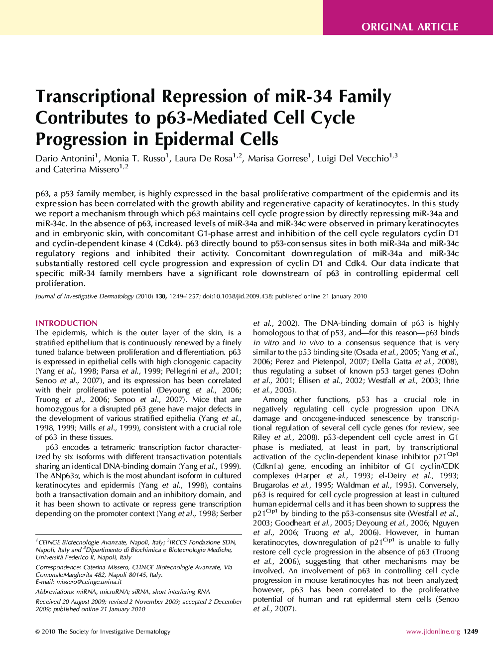Transcriptional Repression of miR-34 Family Contributes to p63-Mediated Cell Cycle Progression in Epidermal Cells