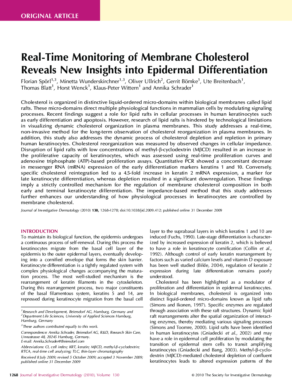 Real-Time Monitoring of Membrane Cholesterol Reveals New Insights into Epidermal Differentiation