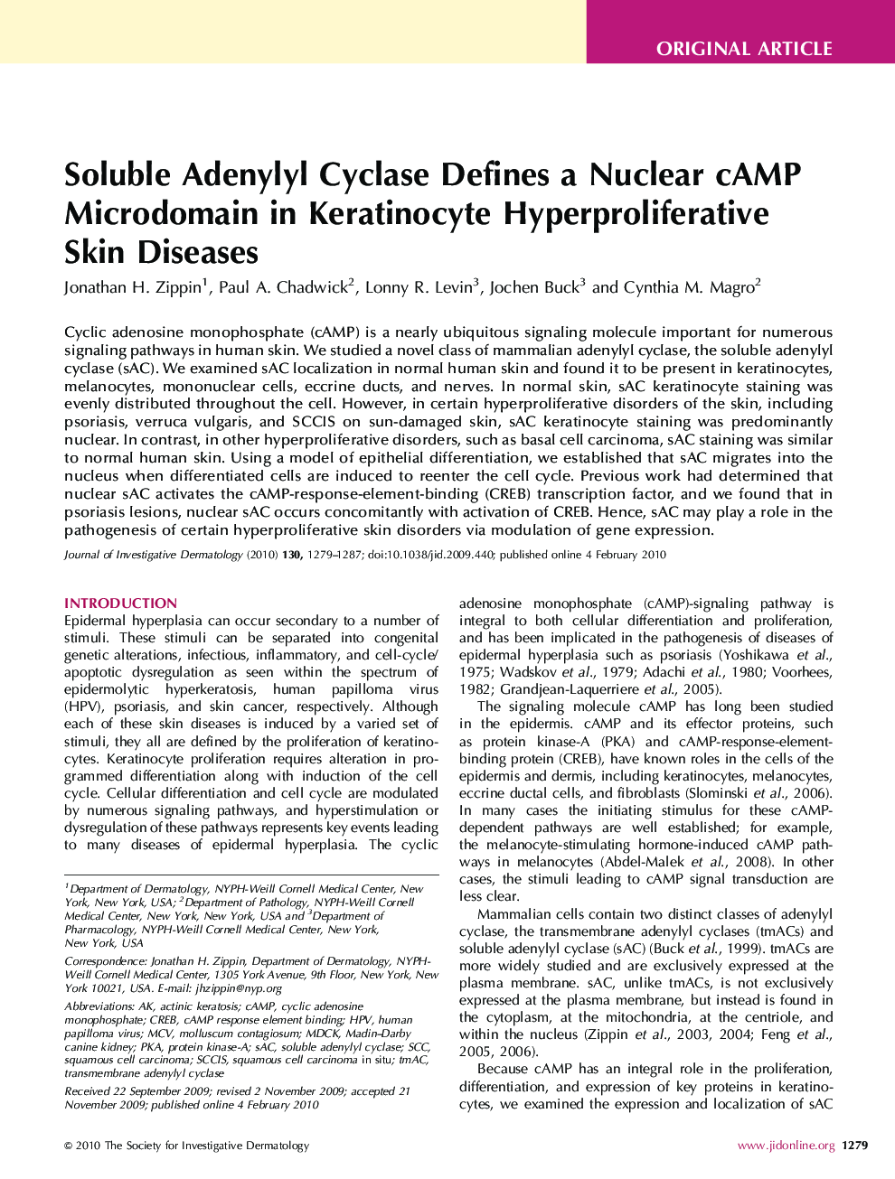 Soluble Adenylyl Cyclase Defines a Nuclear cAMP Microdomain in Keratinocyte Hyperproliferative Skin Diseases