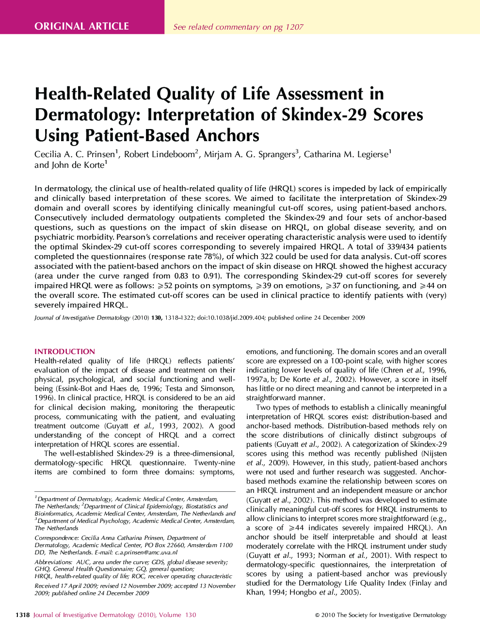 Health-Related Quality of Life Assessment in Dermatology: Interpretation of Skindex-29 Scores Using Patient-Based Anchors
