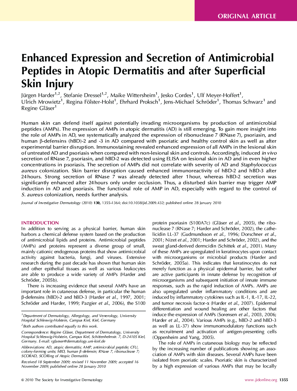 Enhanced Expression and Secretion of Antimicrobial Peptides in Atopic Dermatitis and after Superficial Skin Injury