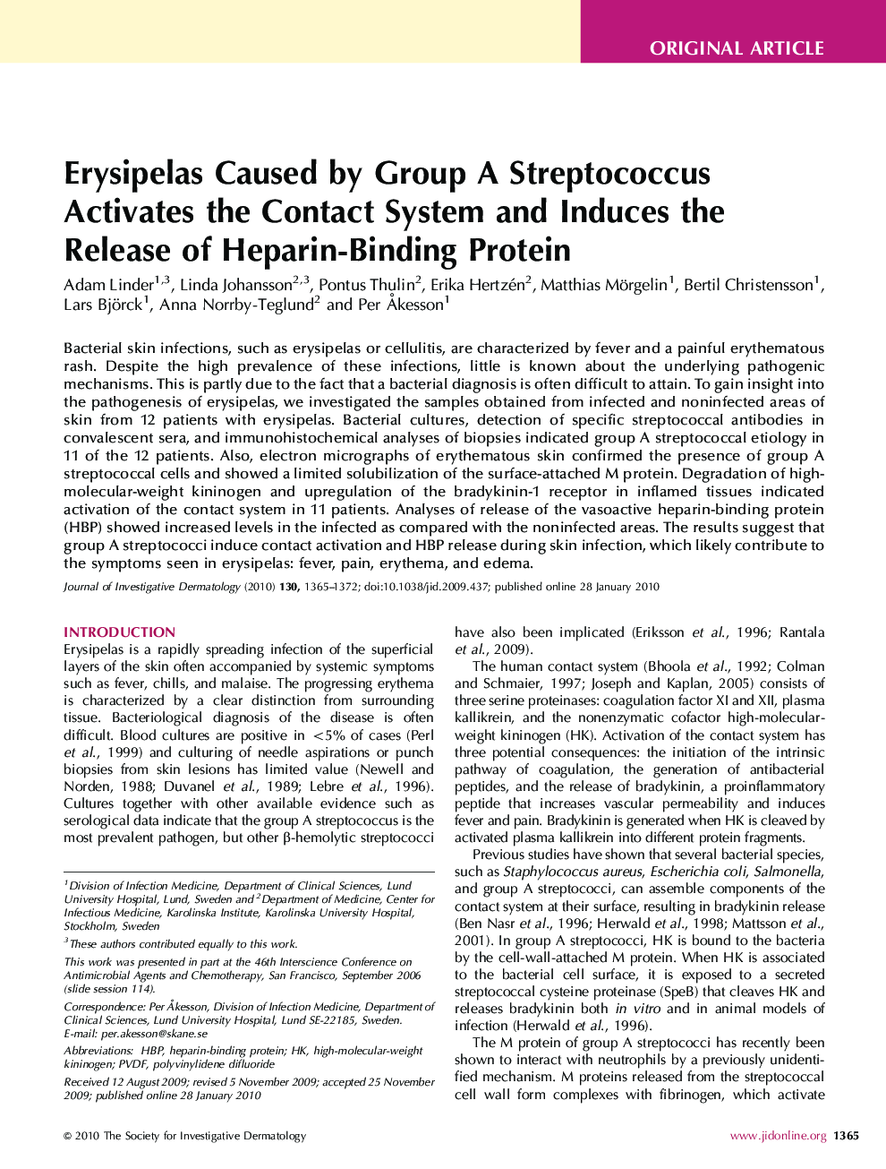 Erysipelas Caused by Group A Streptococcus Activates the Contact System and Induces the Release of Heparin-Binding Protein 