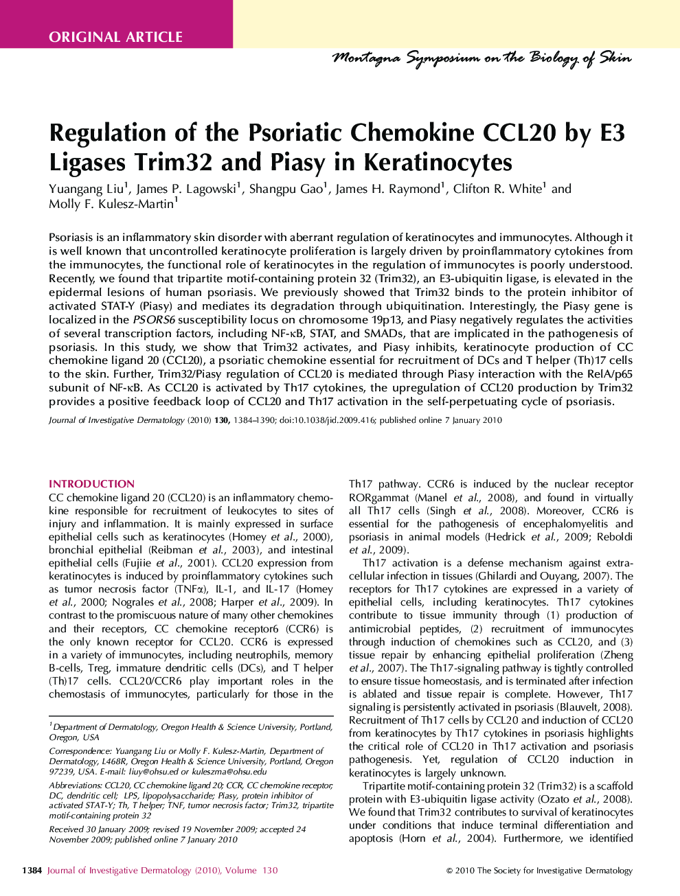 Regulation of the Psoriatic Chemokine CCL20 by E3 Ligases Trim32 and Piasy in Keratinocytes