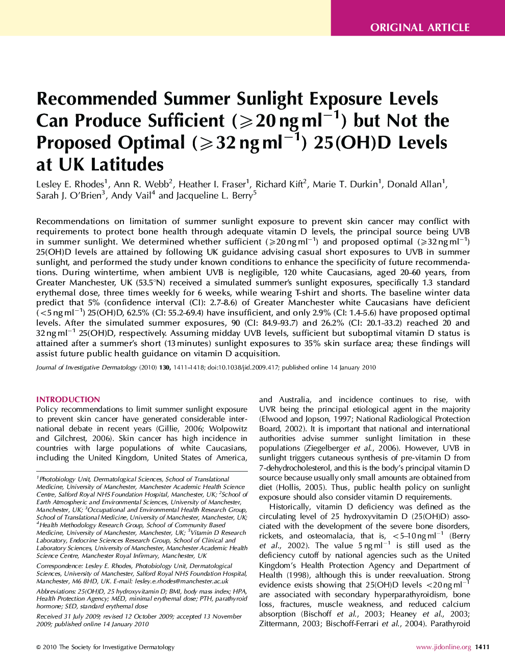 Recommended Summer Sunlight Exposure Levels Can Produce Sufficient (≥20 ng ml−1) but Not the Proposed Optimal (≥32 ng ml−1) 25(OH)D Levels at UK Latitudes