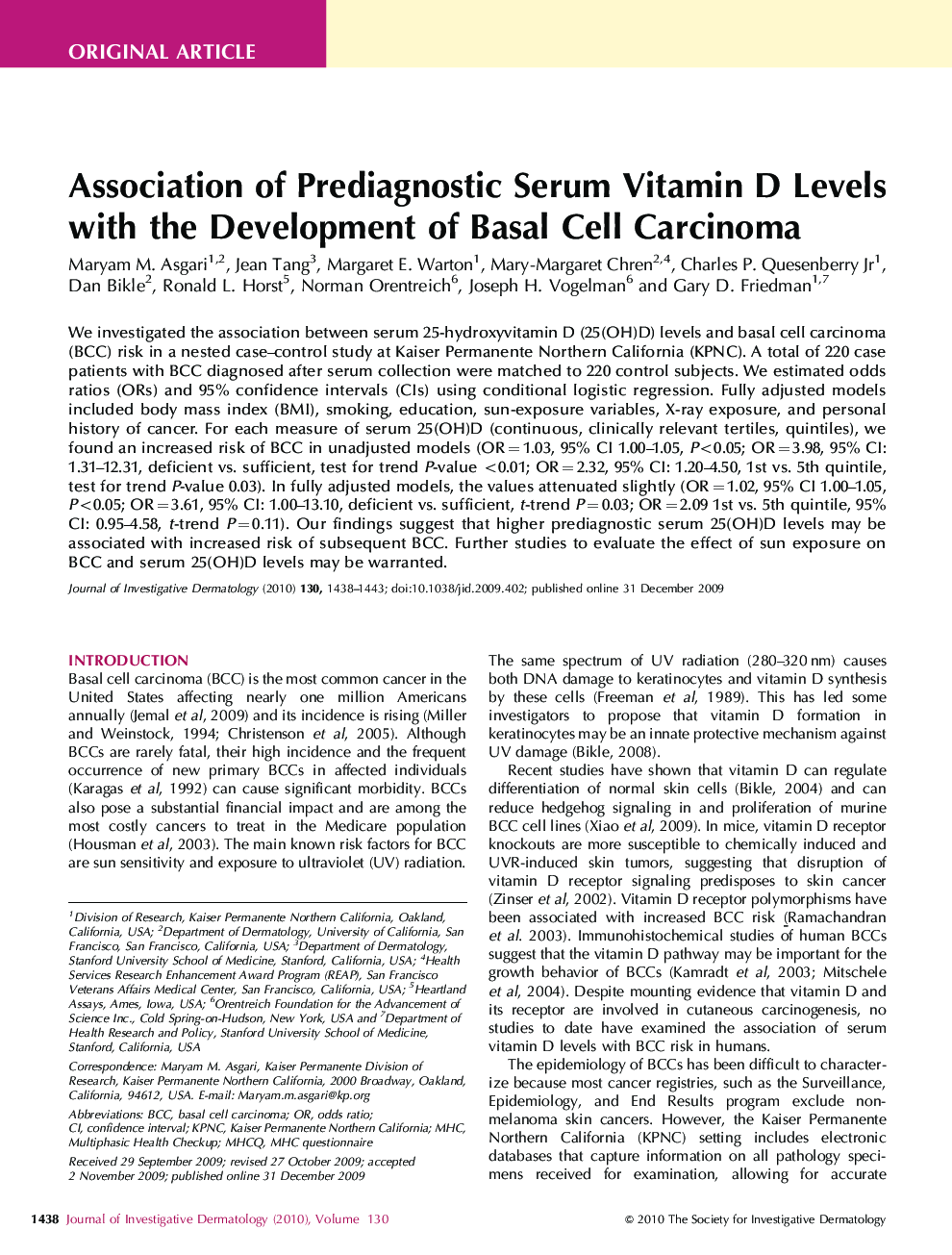 Association of Prediagnostic Serum Vitamin D Levels with the Development of Basal Cell Carcinoma