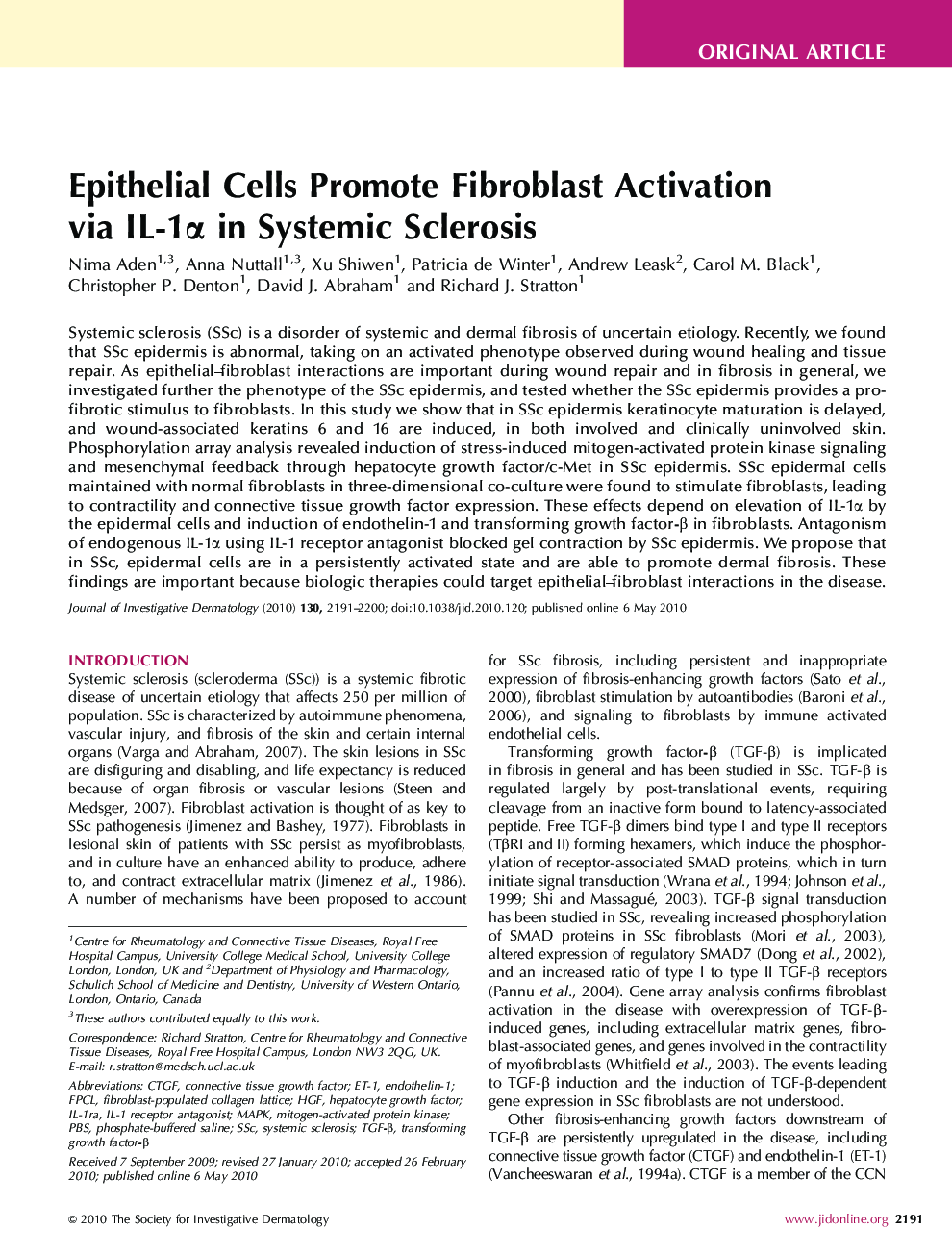 Epithelial Cells Promote Fibroblast Activation via IL-1α in Systemic Sclerosis 