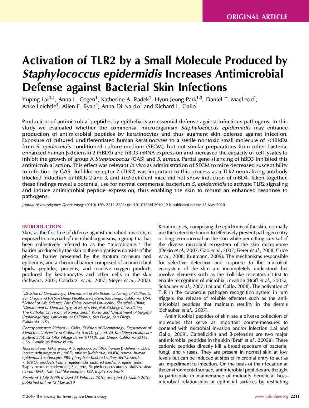 Activation of TLR2 by a Small Molecule Produced by Staphylococcus epidermidis Increases Antimicrobial Defense against Bacterial Skin Infections 