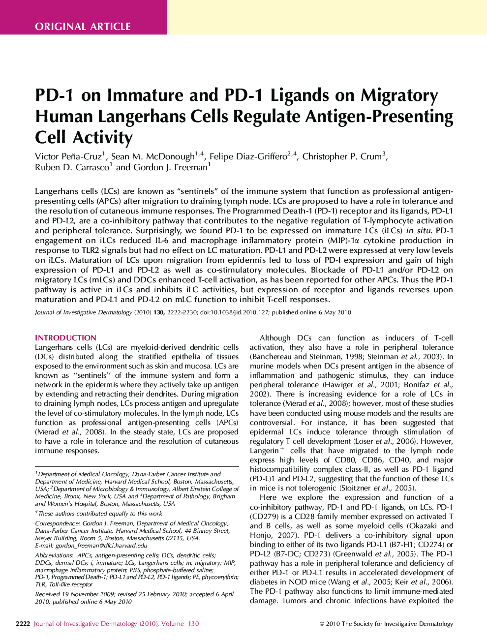 PD-1 on Immature and PD-1 Ligands on Migratory Human Langerhans Cells Regulate Antigen-Presenting Cell Activity 