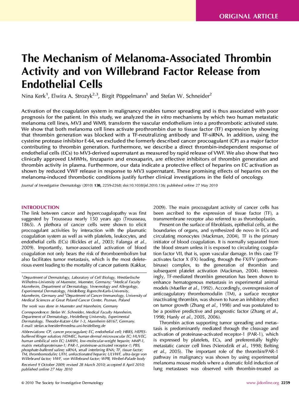 The Mechanism of Melanoma-Associated Thrombin Activity and von Willebrand Factor Release from Endothelial Cells 