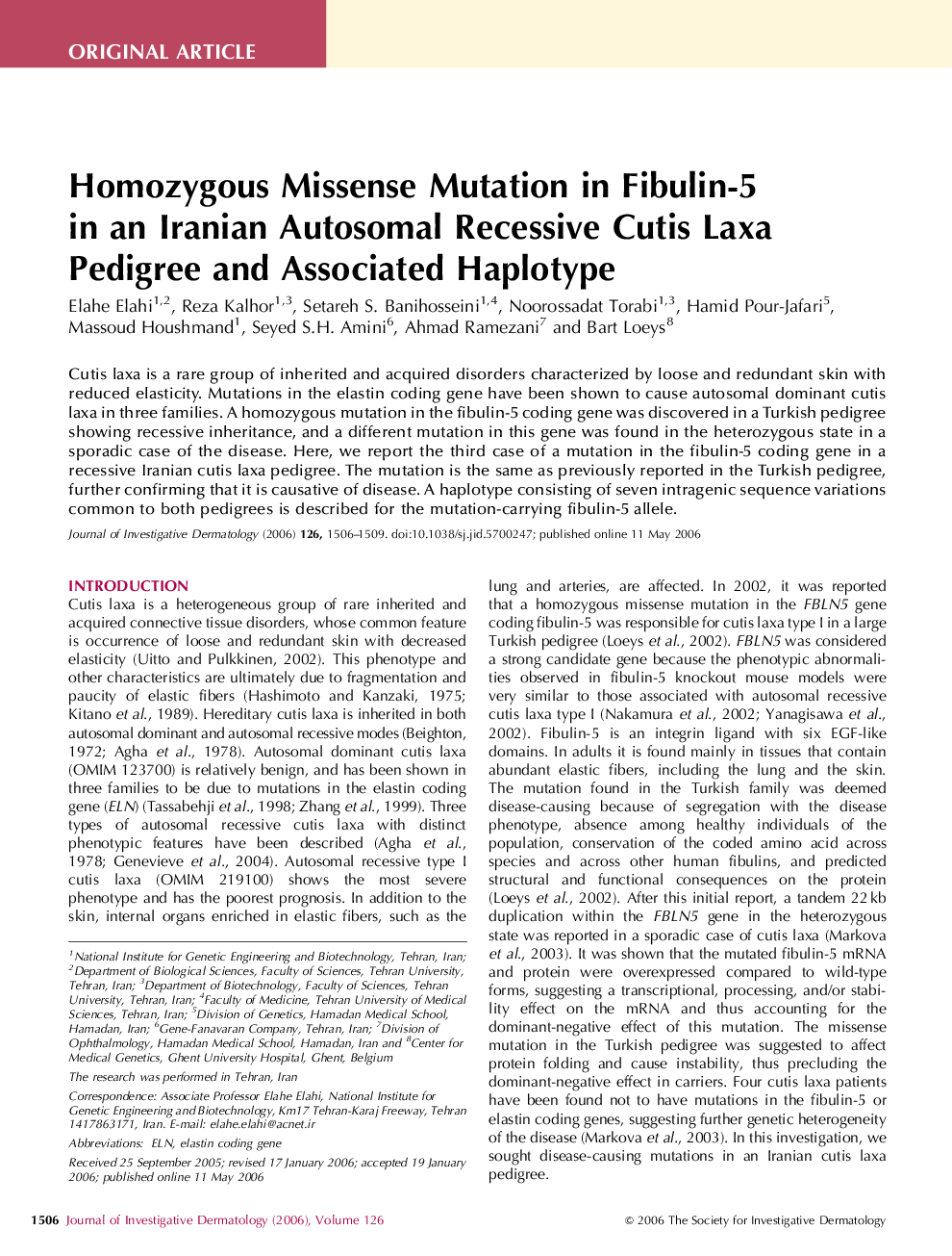 Homozygous Missense Mutation in Fibulin-5 in an Iranian Autosomal Recessive Cutis Laxa Pedigree and Associated Haplotype 
