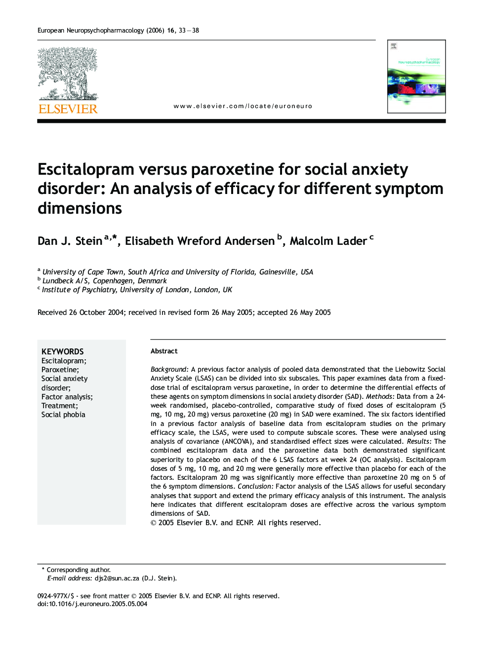 Escitalopram versus paroxetine for social anxiety disorder: An analysis of efficacy for different symptom dimensions