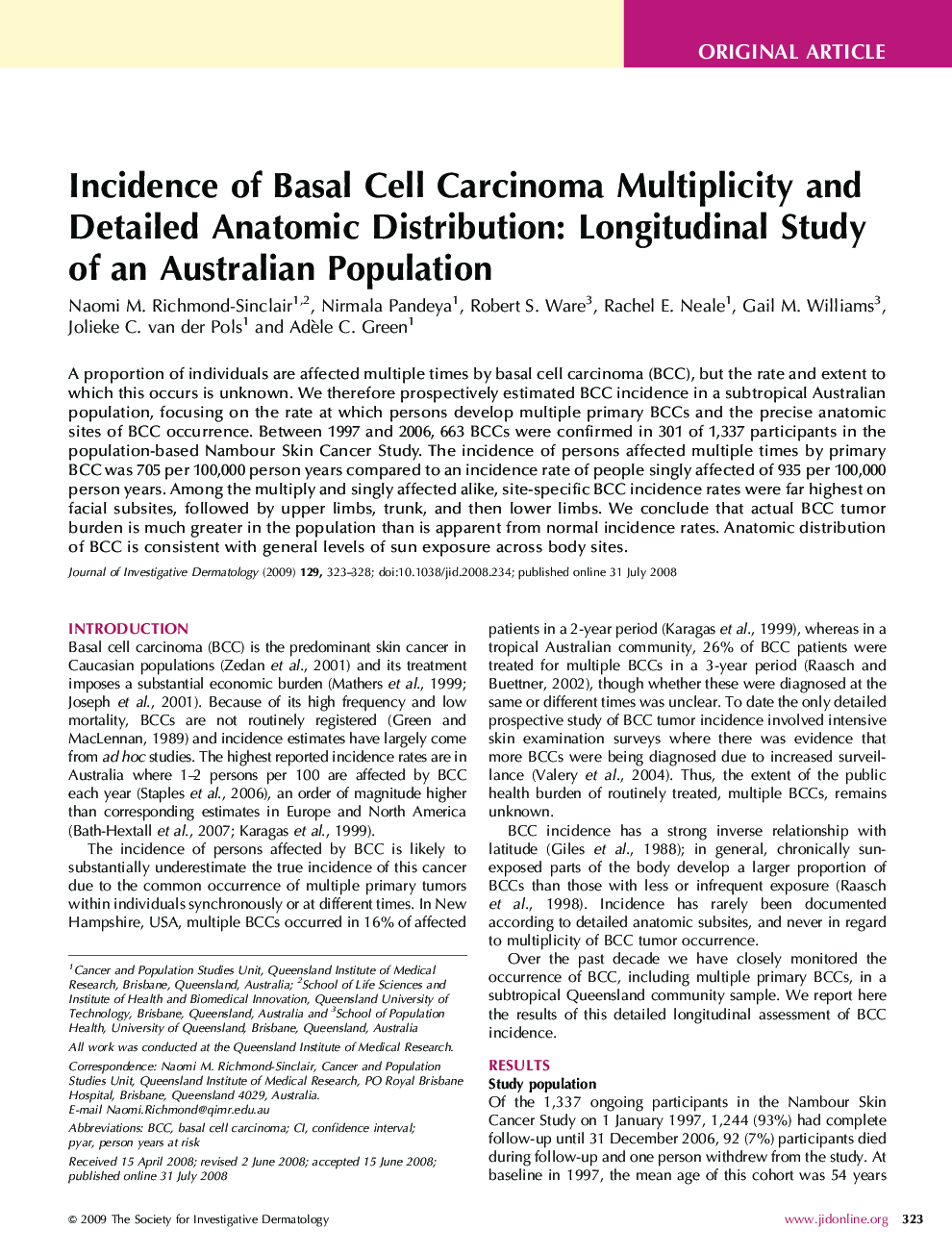 Incidence of Basal Cell Carcinoma Multiplicity and Detailed Anatomic Distribution: Longitudinal Study of an Australian Population 