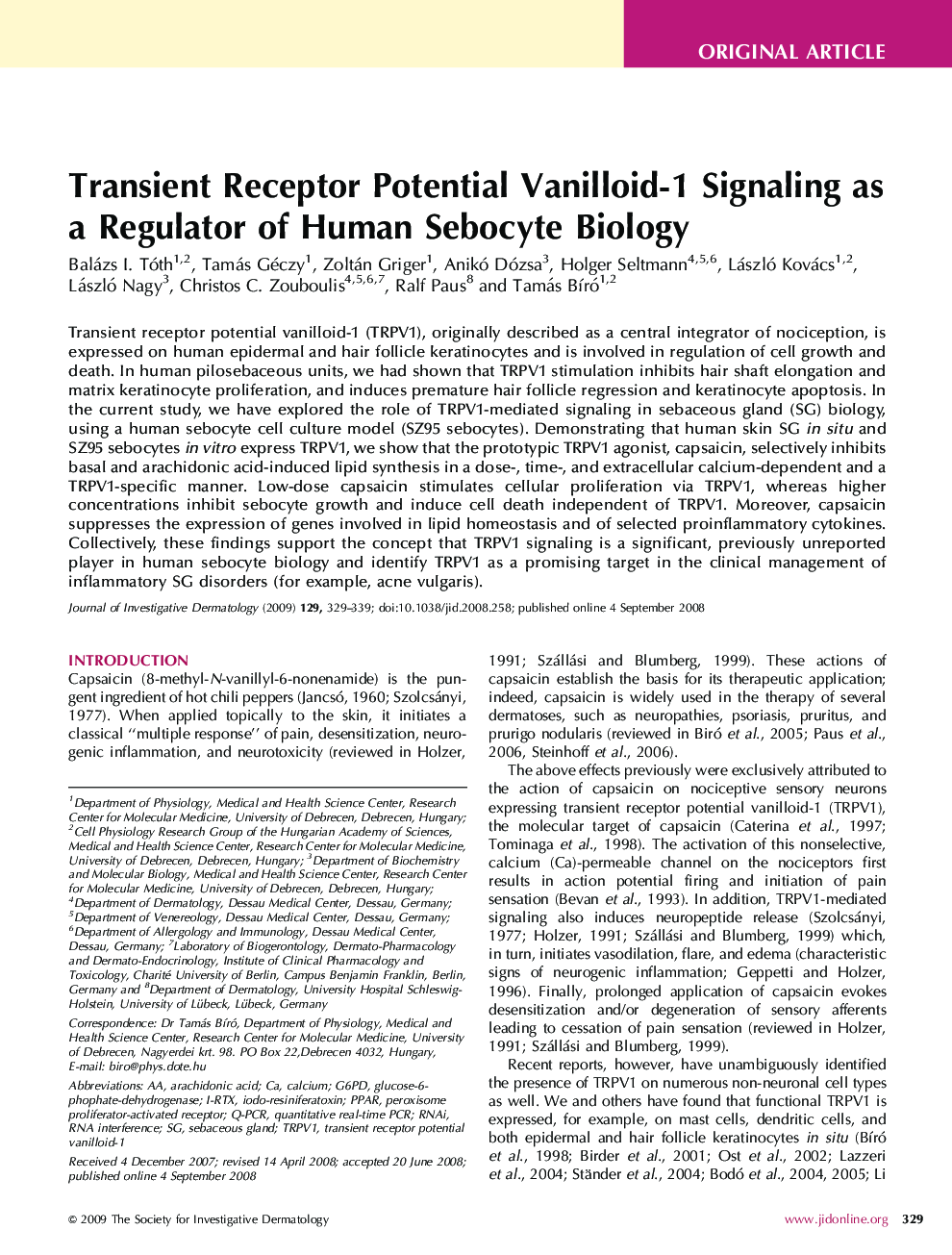 Transient Receptor Potential Vanilloid-1 Signaling as a Regulator of Human Sebocyte Biology 