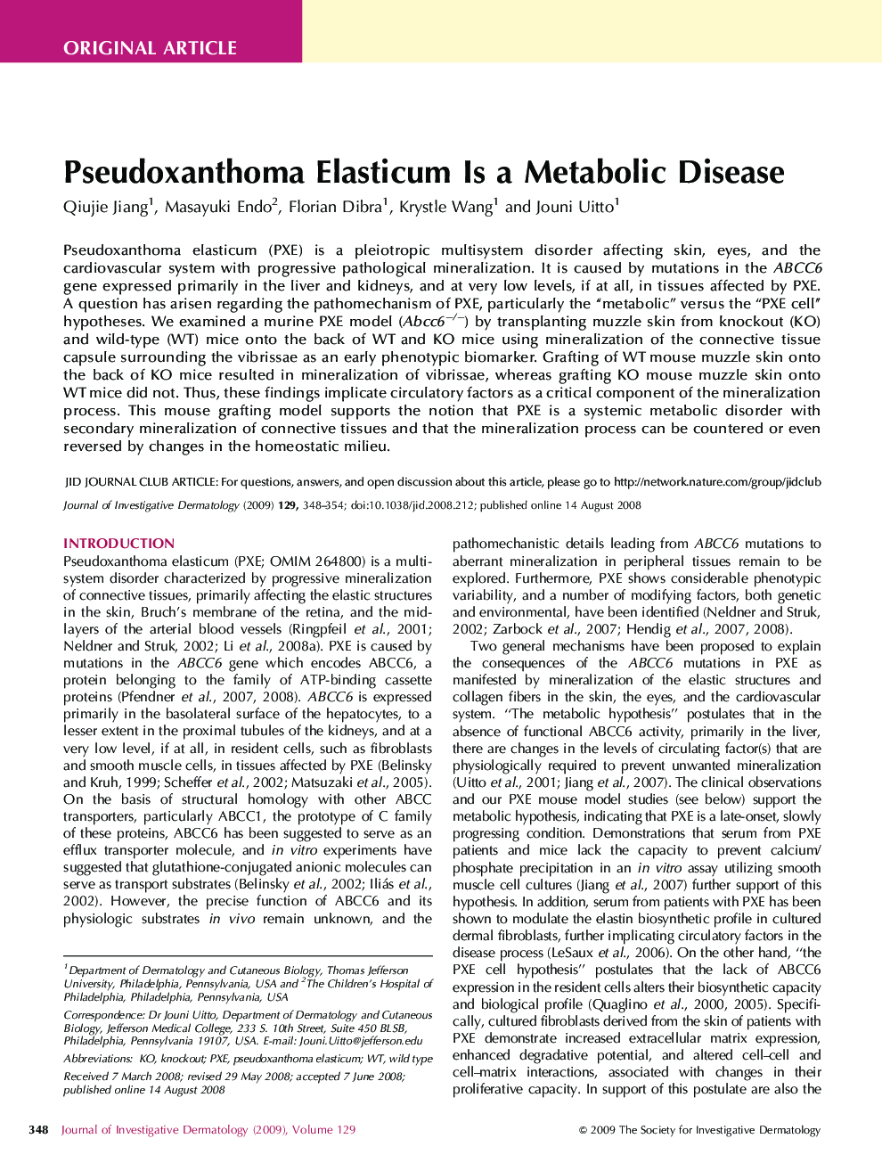 Pseudoxanthoma Elasticum Is a Metabolic Disease 