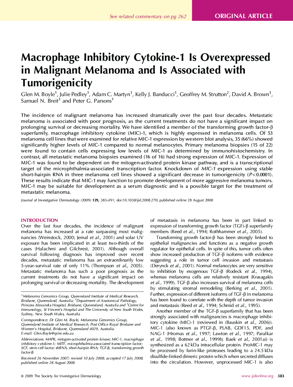 Macrophage Inhibitory Cytokine-1 Is Overexpressed in Malignant Melanoma and Is Associated with Tumorigenicity 