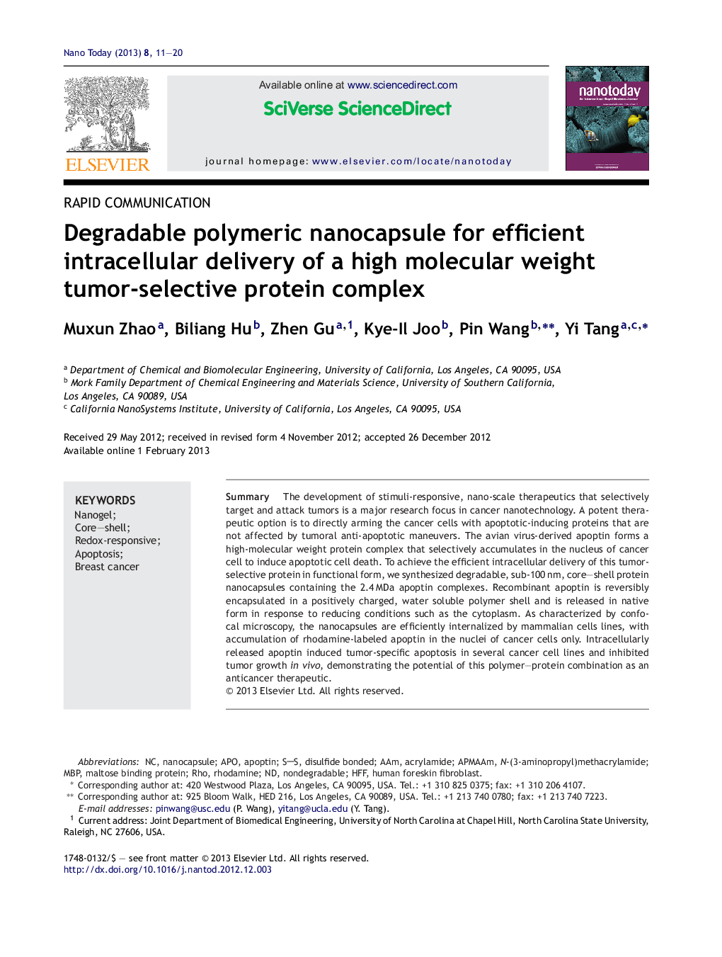 Degradable polymeric nanocapsule for efficient intracellular delivery of a high molecular weight tumor-selective protein complex