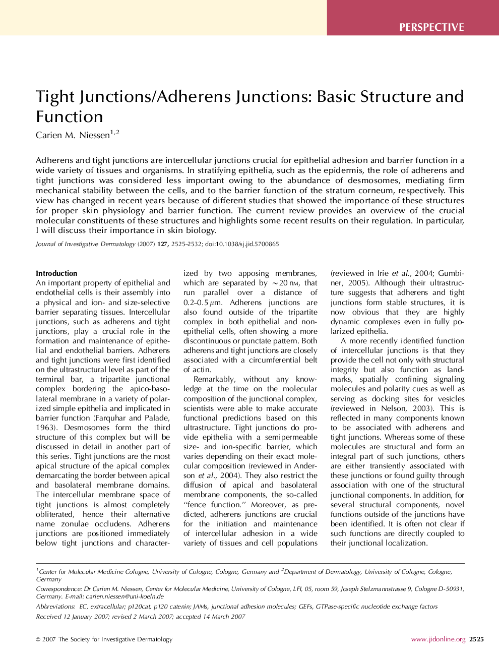 Tight Junctions/Adherens Junctions: Basic Structure and Function