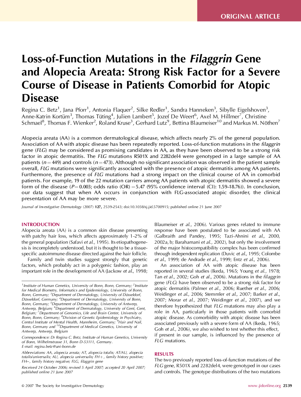 Loss-of-Function Mutations in the Filaggrin Gene and Alopecia Areata: Strong Risk Factor for a Severe Course of Disease in Patients Comorbid for Atopic Disease