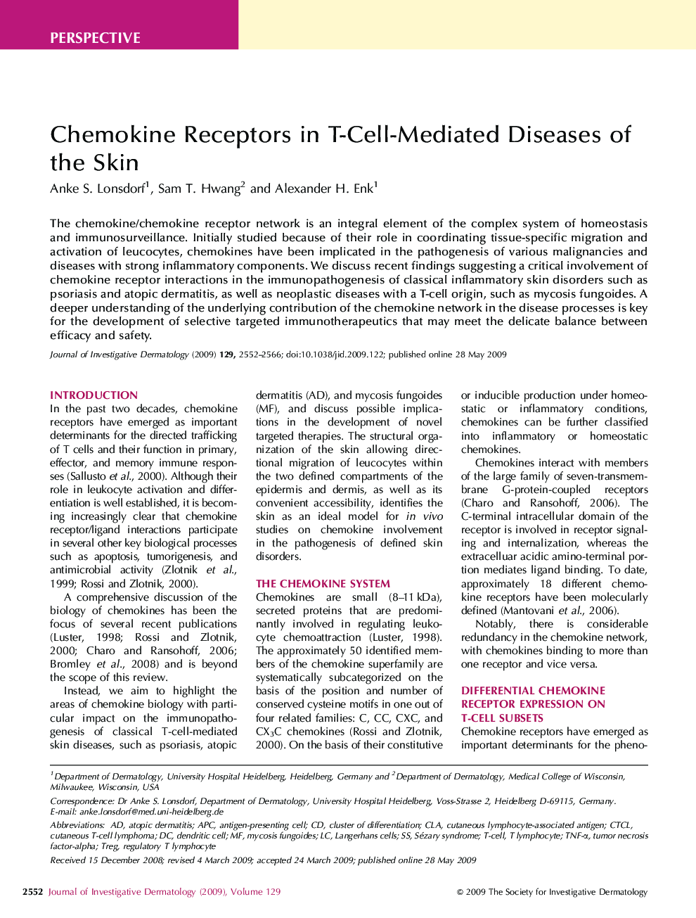 Chemokine Receptors in T-Cell-Mediated Diseases of the Skin 