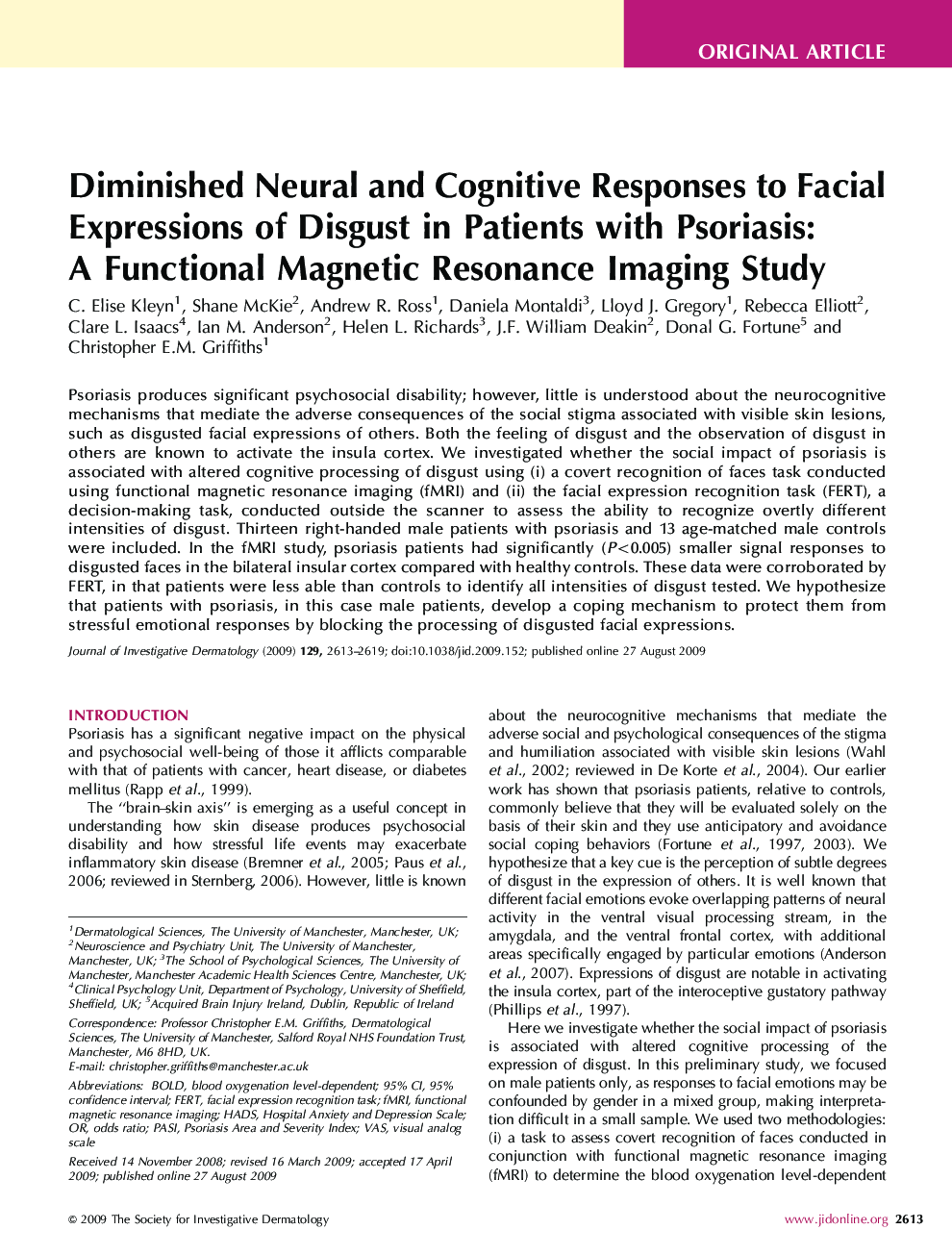 Diminished Neural and Cognitive Responses to Facial Expressions of Disgust in Patients with Psoriasis: A Functional Magnetic Resonance Imaging Study 