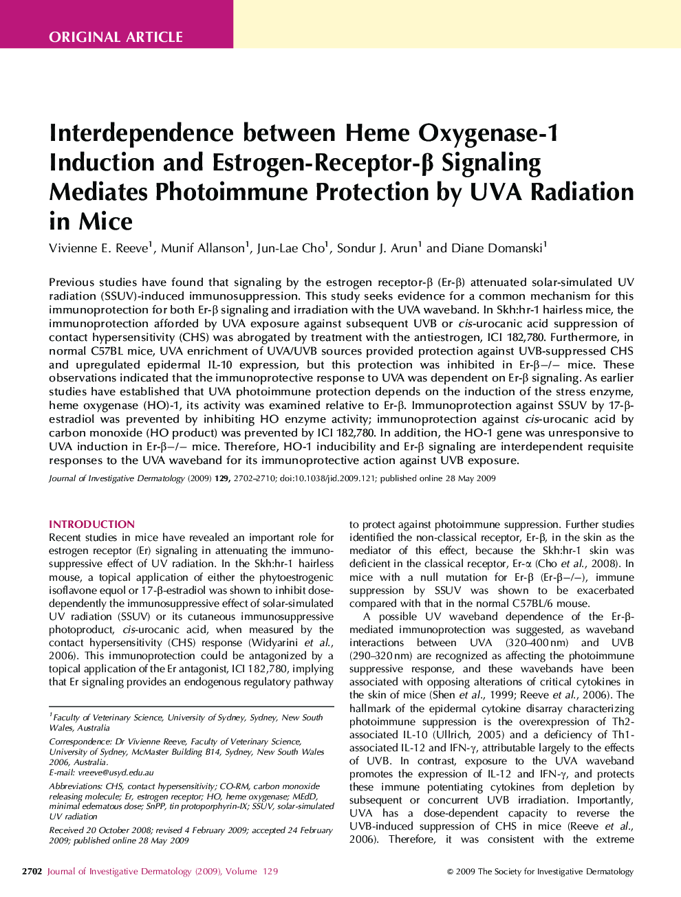 Interdependence between Heme Oxygenase-1 Induction and Estrogen-Receptor-β Signaling Mediates Photoimmune Protection by UVA Radiation in Mice 