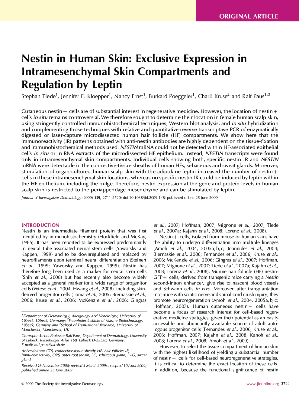 Nestin in Human Skin: Exclusive Expression in Intramesenchymal Skin Compartments and Regulation by Leptin 