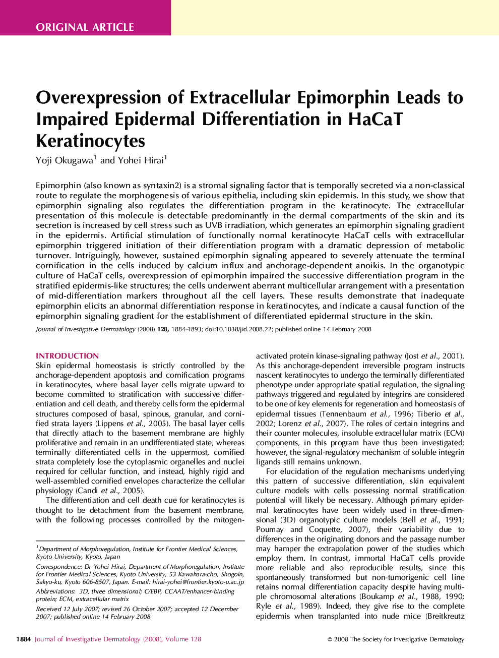 Overexpression of Extracellular Epimorphin Leads to Impaired Epidermal Differentiation in HaCaT Keratinocytes