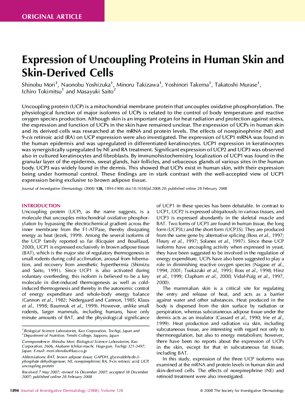 Expression of Uncoupling Proteins in Human Skin and Skin-Derived Cells