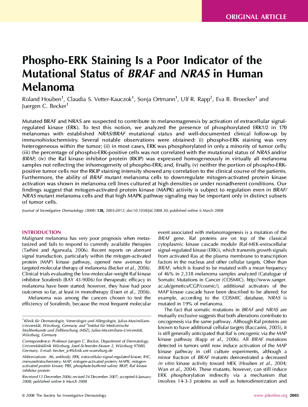 Phospho-ERK Staining Is a Poor Indicator of the Mutational Status of BRAF and NRAS in Human Melanoma